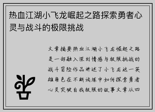 热血江湖小飞龙崛起之路探索勇者心灵与战斗的极限挑战